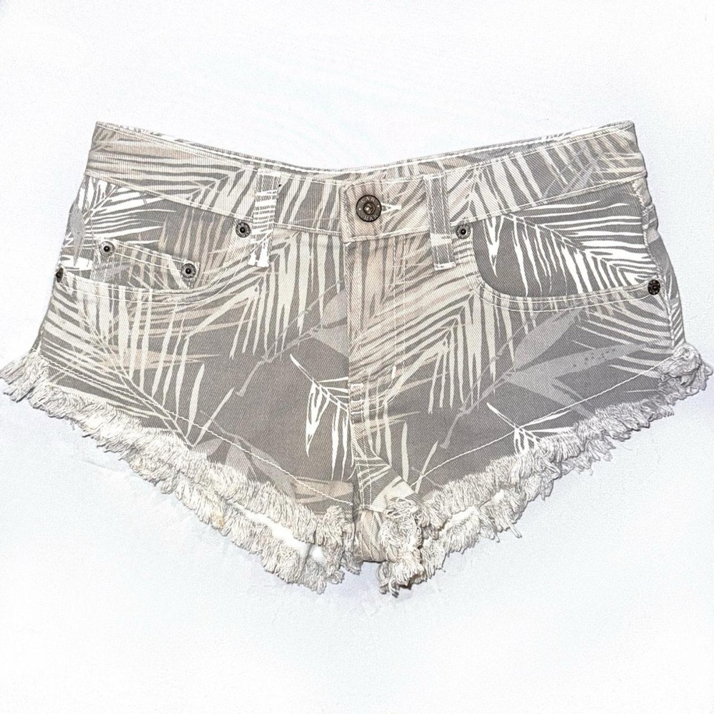 Palm tree print mid rise micro cutoff shorts in greys and white